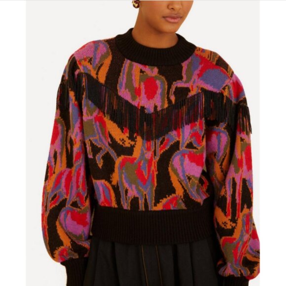 FARM RIO Women's Wild Horses Fringe Sweater Size S Black - Picture 1 of 7
